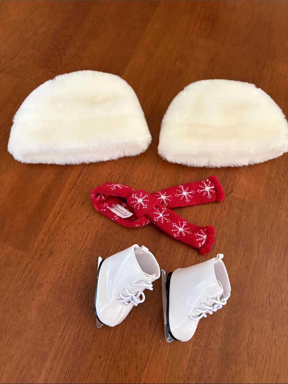American Girl White Faux Fur Hats, White Ice Skates & Red Snowflake Scarf